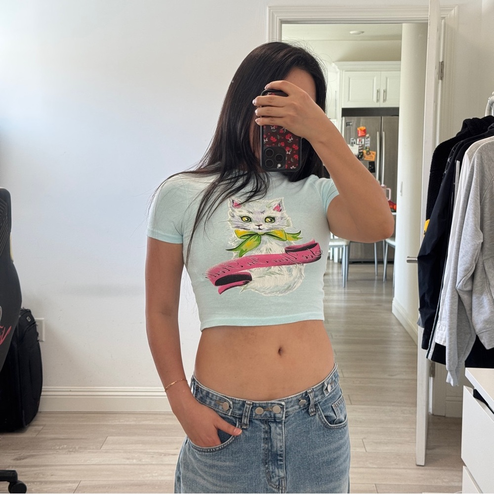 Urban Outfitters Pastel Blue Cat Graphic Crop Top